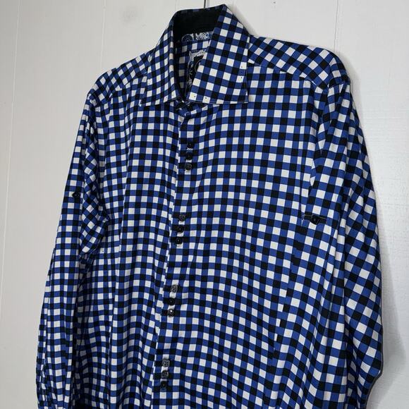 Au Noir Men’s Gingham Plaid Button Down Shirt Blue Size 4 Large - Picture 3 of 6